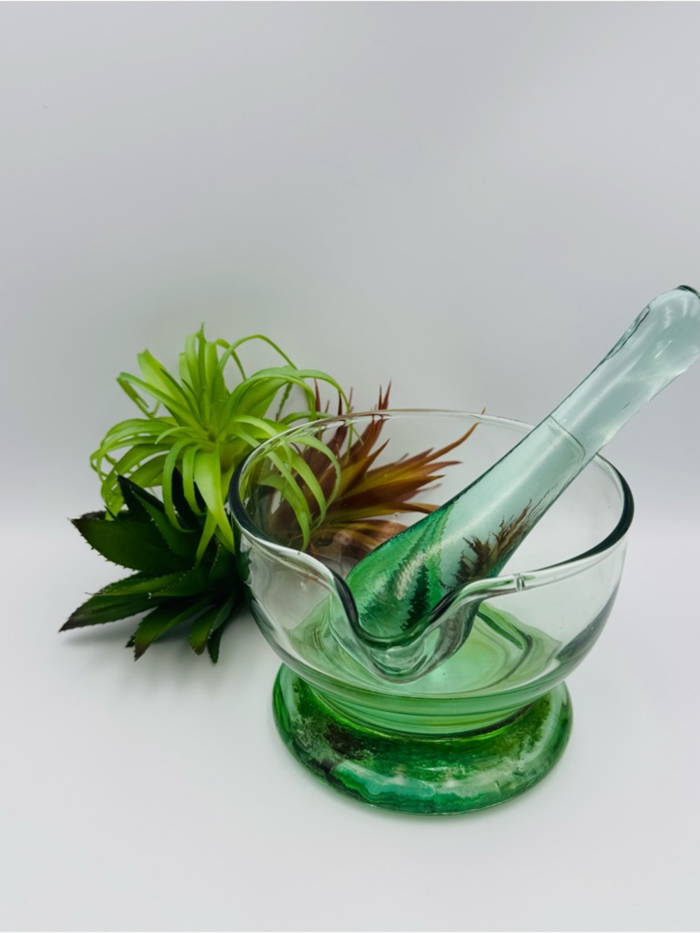 Green Handblown Glass Mortar and Pestle 3.75”H x 5”W - 12oz